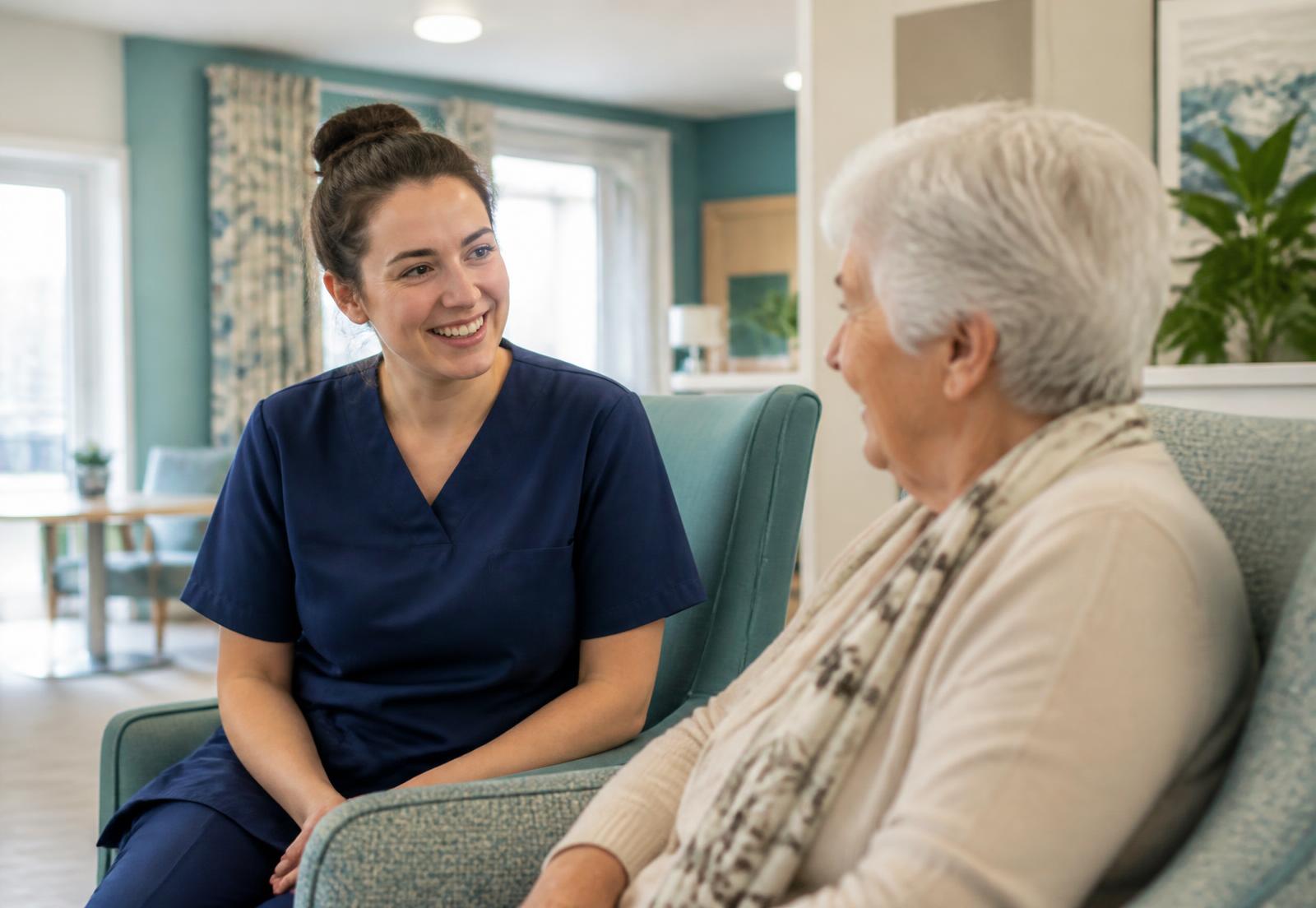 A care worker in a navy tunic talking with an older adult in a care home lounge